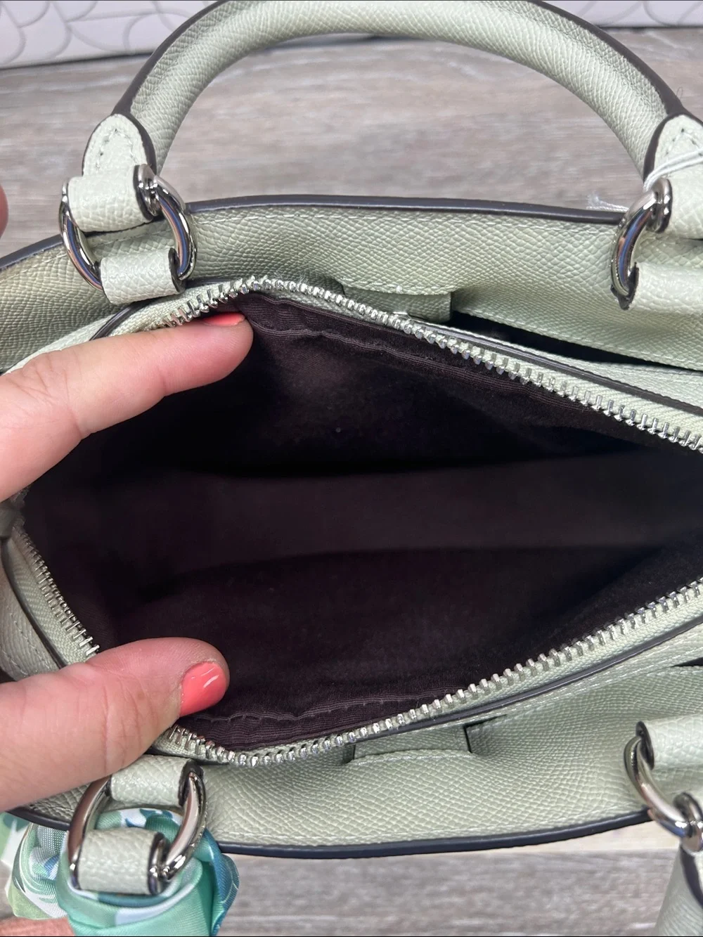 2542 Coach Sage Green Pebbled Leather Satchel with Printed Scarf 267082542